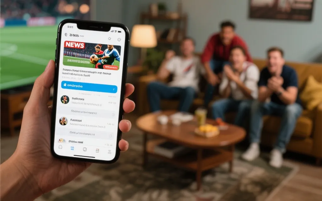 手机新闻推送与球迷在客厅观赛的对比画面,叙事交织感
