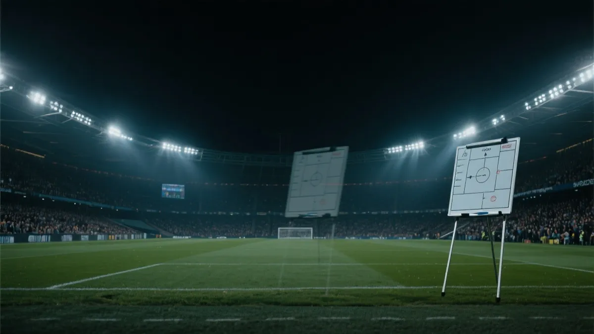 世界杯决赛氛围的球场灯光与战术板叠影画面